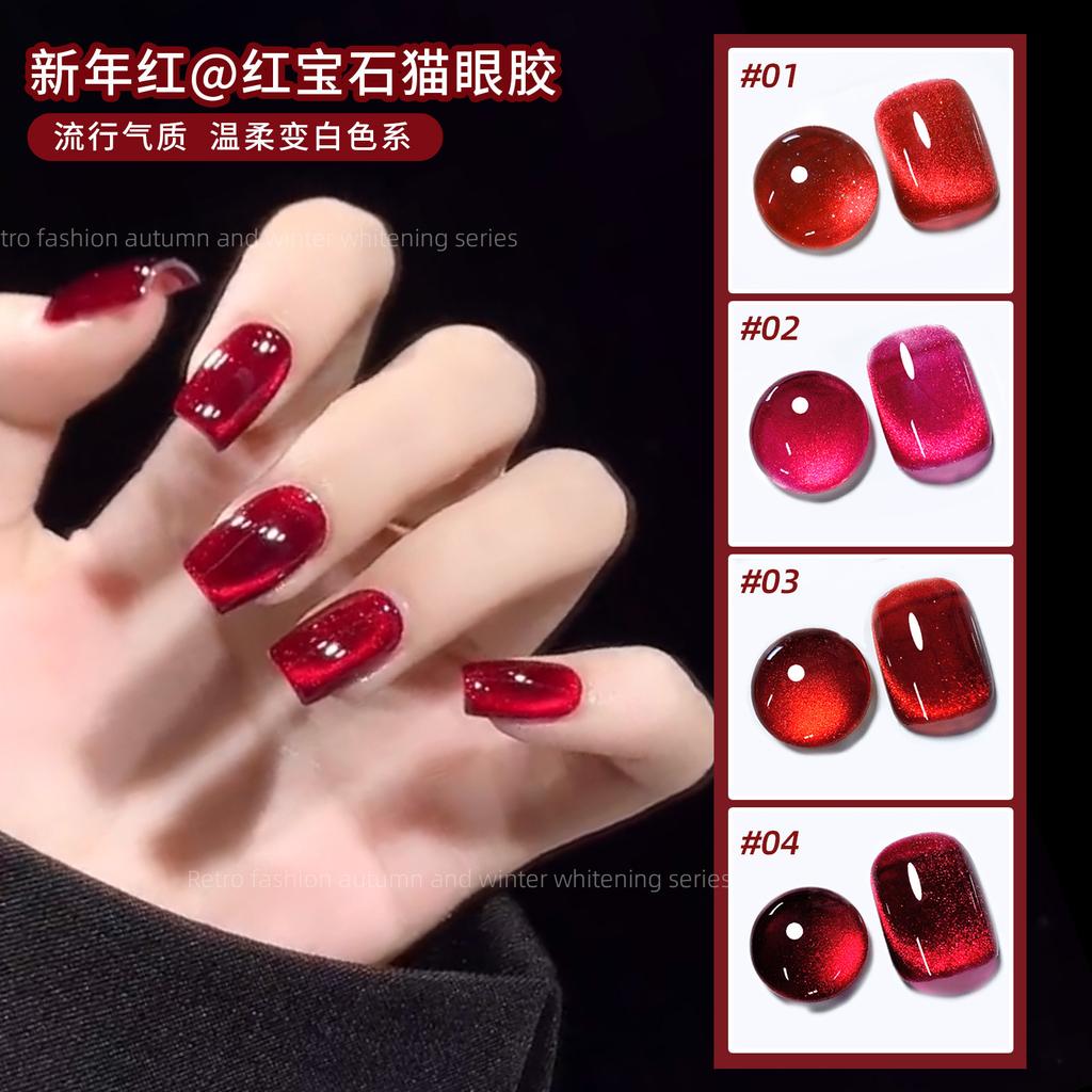 Nail Art Ruby Cat'S Eye Esmalte Cola Outono e Inverno Branco Cereja Ano Novo Vermelho Cristal