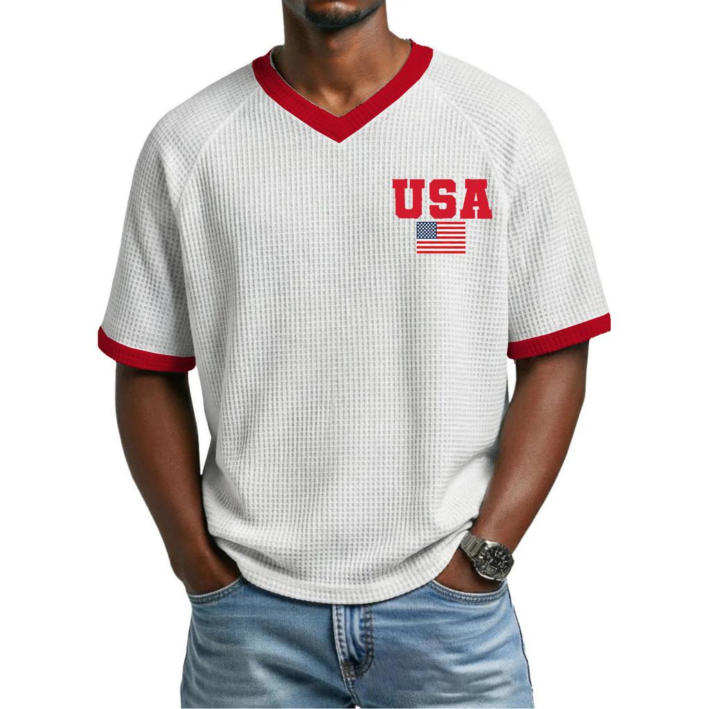 Men's Casual Fashionable Letter- Colorful Print Short-sleeved Shirt - Men's Breathable V-neck Short-sleeved Top