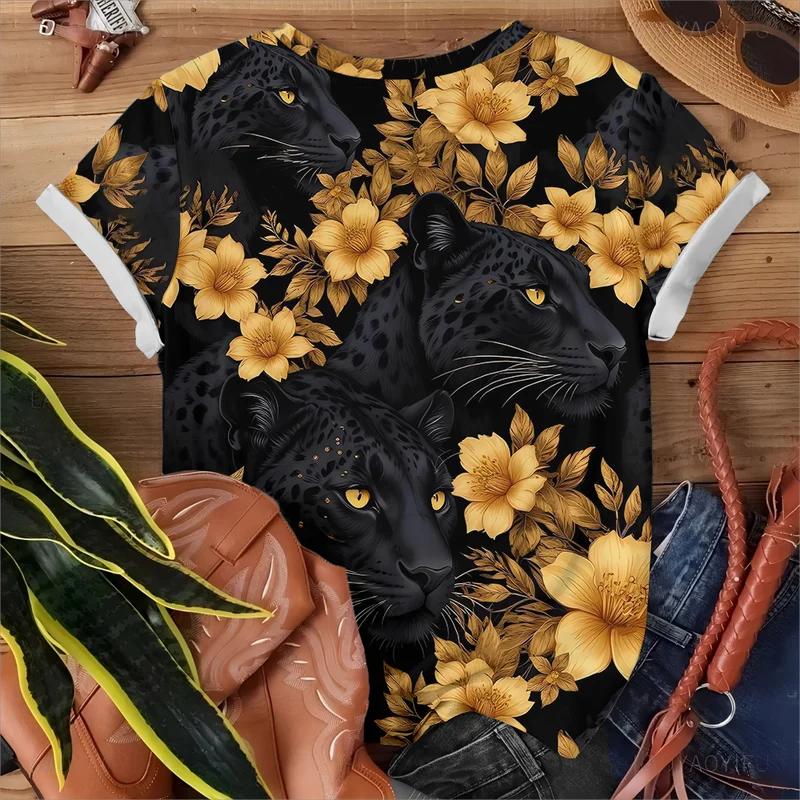 Bold Leopard Print Gold Flower Women's T-shirt Casual Fashionable Loose Comfortable Black Short Sleeve