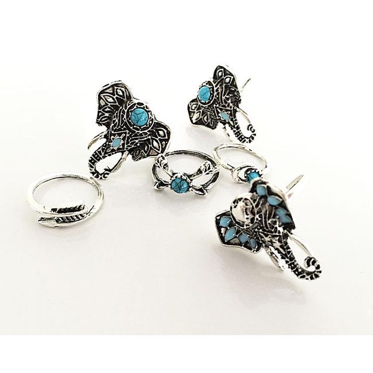 Turquoise Moon Arrow & Elephant 6-Piece Joint Ring Set