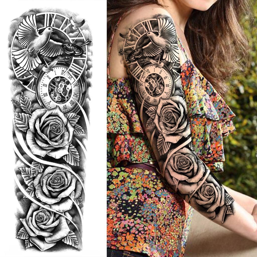 1 Sheet Long Sleeve Temporary Tattoos For Men Women Flower Skull Lion Wolf Tiger Nun Fox Compass Tattoo Sticker Body Art Arm Leg