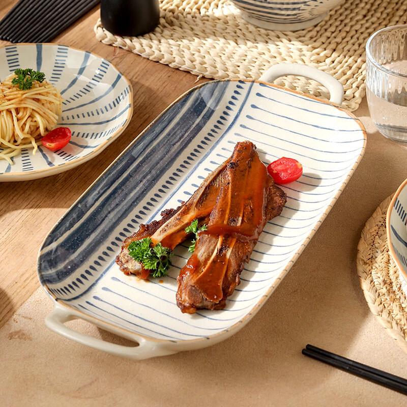 14-Inch Double-Handled Underglaze Ceramic Fish Plate