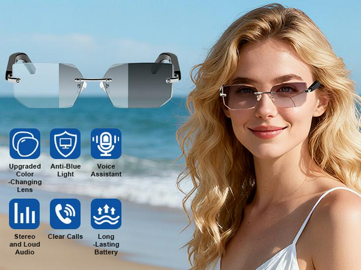 AI Smart Bluetooth Frameless Sunglasses with UV Protection and Photochromic Lenses, for Music and Calls