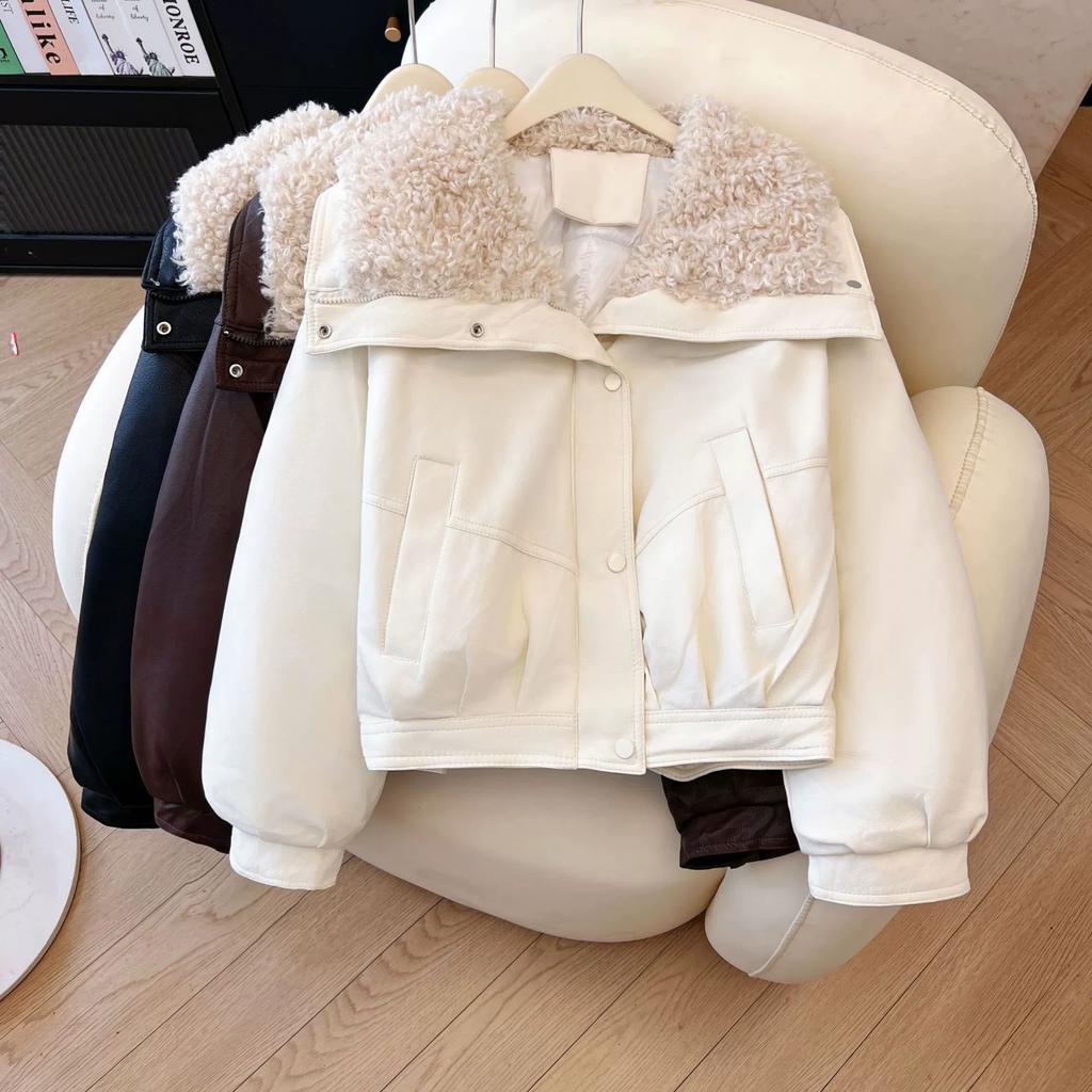 Chic Faux Lamb Wool Parkas for Women Turn Down Collar Warm Parkas Woman Winter Zipper Up Thickened Leather Jacket Mujer