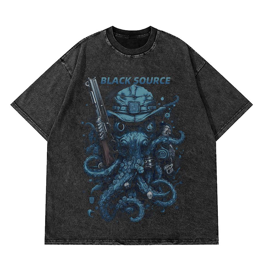 Black Source ANIME MANGA VINTAGE WASH UNISEX TSHIRT Octopus Men Harajuku TShirt Japanese Style