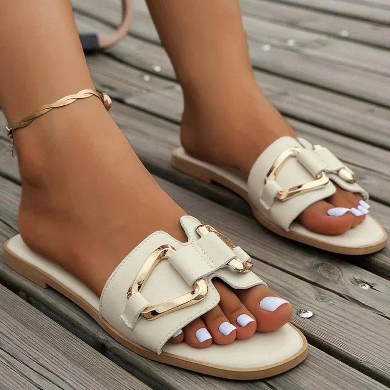 Fashion Women Metal Decor Single Band Flat Sandals Fashion Sexy Open Toe Outdoors Slides Luxurious Office Ladies Party Female Shoes
