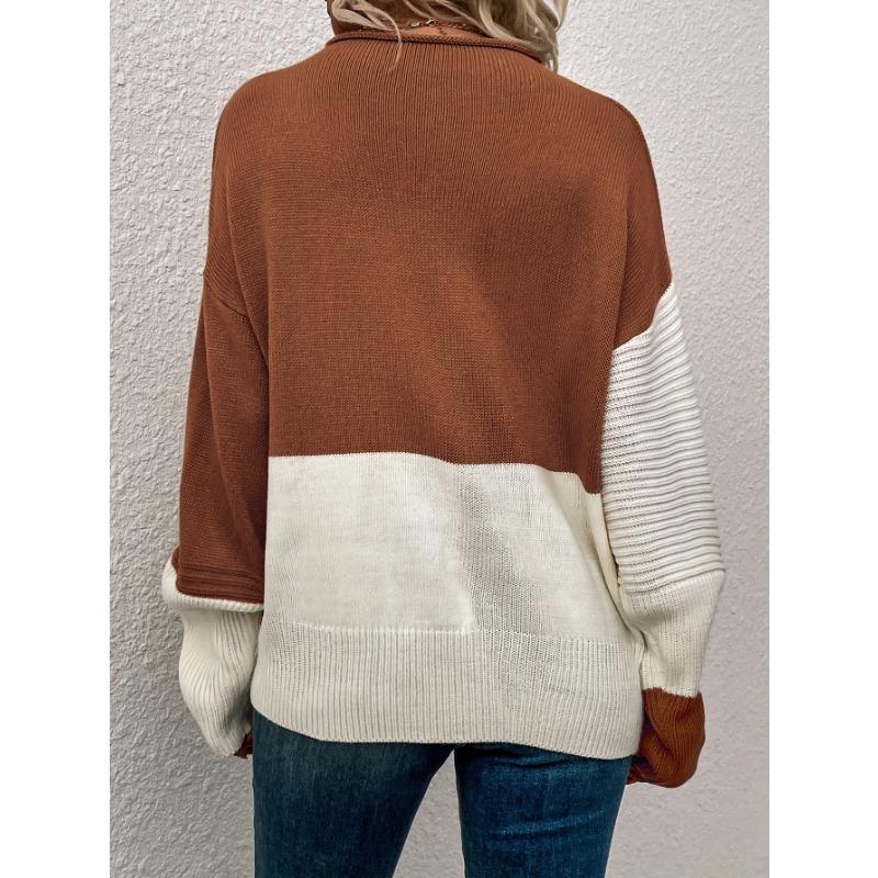 Womens Block Funnel Neck Pullover Sweater Soft High Elasticity Acrylic Knit Fabric Long Sleeve Drop Shoulder Design Perfect for Fall and Winter
