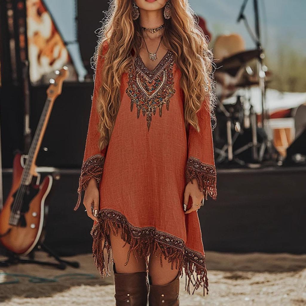 Rochie de vară pentru femei, modă, croială casual, fluidă, dantelă, imprimeu lejer, mâneci lungi, decolteu în V