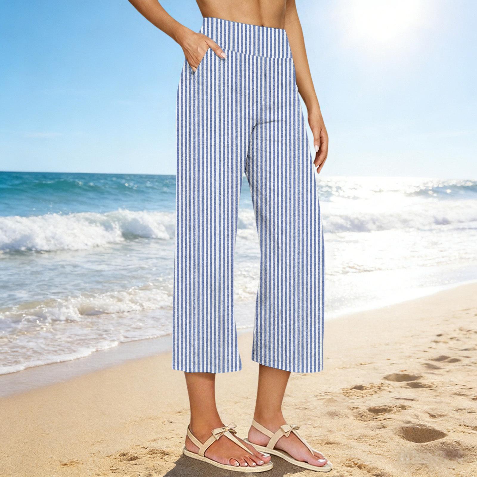 

Womens Palazzo Pants Summer Casual Flowy Wide Leg Trousers Beach Travel Vacation Outfits S синий