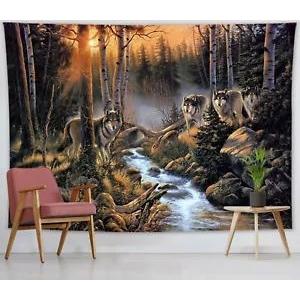 Tapestry forest river wild wolves 75x100