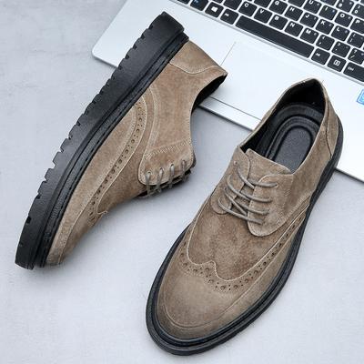 Men Lace Up High Heel Shoes Black Suede Leather Chunky Brogues Heighten Retro Platform Oxfords for Man Height Increasing Shoes