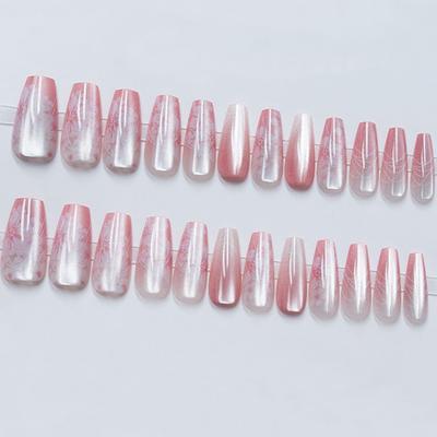 Secret Lives Cats Eye Reusable Artificial Long Translucent Pink Color with Flower Design Fake Press On Nails 24 Pieces Set with Kit