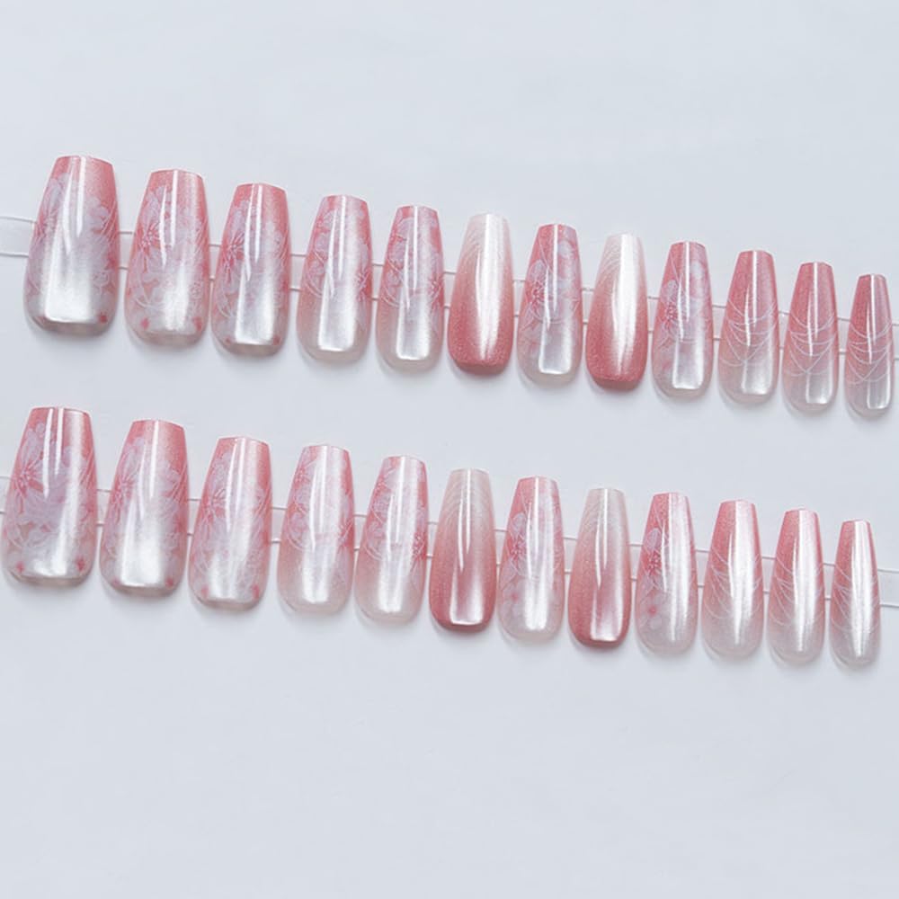 Secret Lives Cats Eye Reusable Artificial Long Translucent Pink Color with Flower Design Fake Press on Nails 24 Pieces Set with Kit