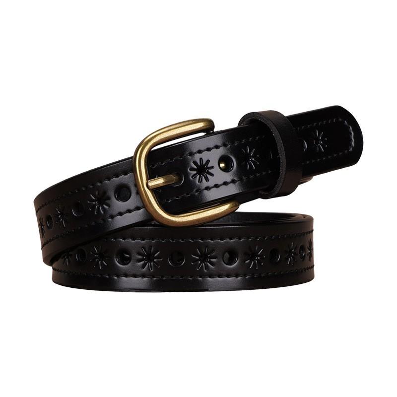 Womens Genuine Leather Belt With Hollow Cut Design Slim Waistband Casual Office Jeans Outfits Zinc Alloy Pin Buckle