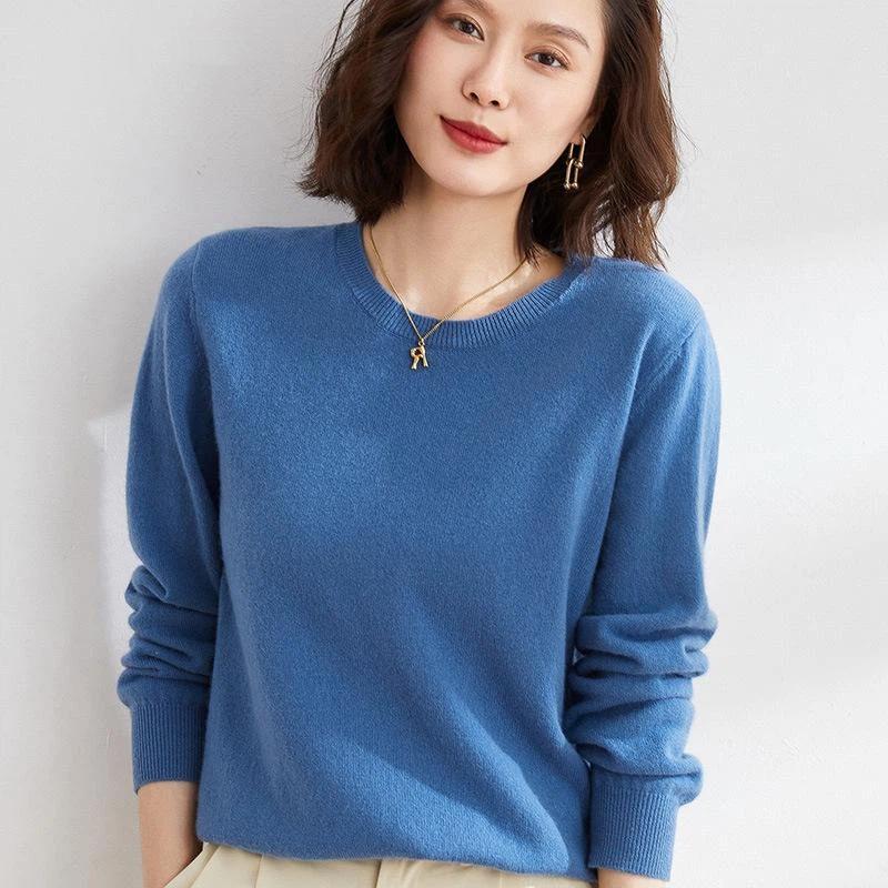 Spring and Autumn Women's Sweater Pullover Knit Sweater Round Neck Long Sleeve Sweater Bottom Shirt Solid Color Sweater