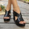 Black Patent Leather Wedges Sandals Women Peep Toe Chunky Platform Sandals Woman 2025 Summer Thick Bottom Beach Sandalias Mujer