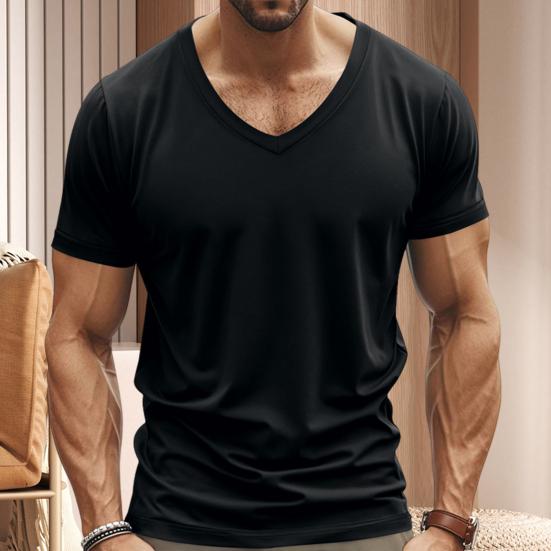 Men Summer T-shirt Short Sleeves V Neck Solid Color Quick-drying Loose Pullover Mid Length Top for Sport Office Dating