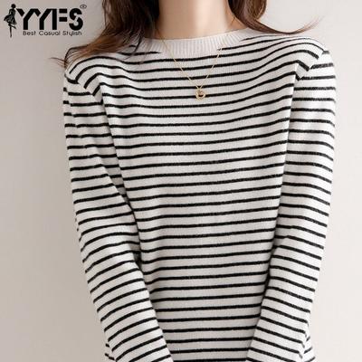 Moda Donna Casual Autunno Inverno Stampa a Righe Manica Lunga Girocollo Top Abbigliamento Donna Maglieria di Lana Maglioni
