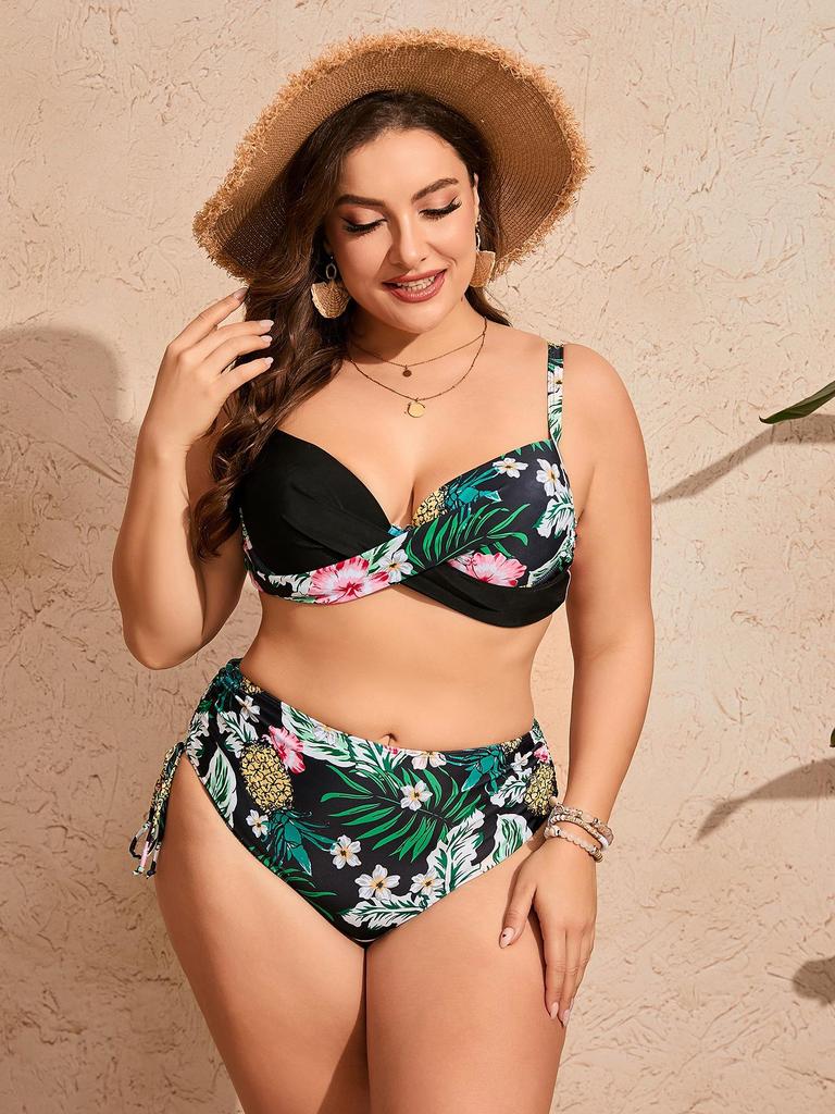 Europäischer Plus-Size Blumen-Bikini mit Schlitz und Kordelzug