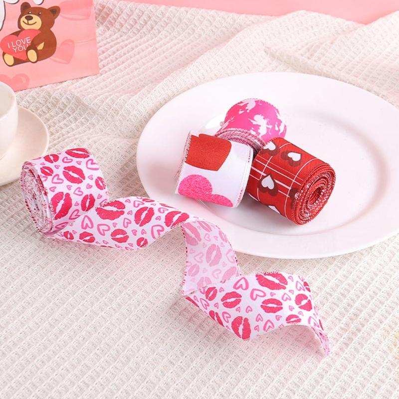 4 Rolls 5cm Valentines Day Wire Ribbon Gift Wrapping Ribbons for Wedding Wreath Hair Bows DIY Crafts with Heart Pattern
