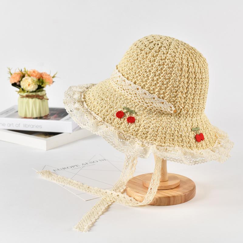 Summer Straw Hat Cherry Embroidered Lace Edge Foldable Sunscreen Lid Seaside Vacation Style Women'S Sunshade Cap