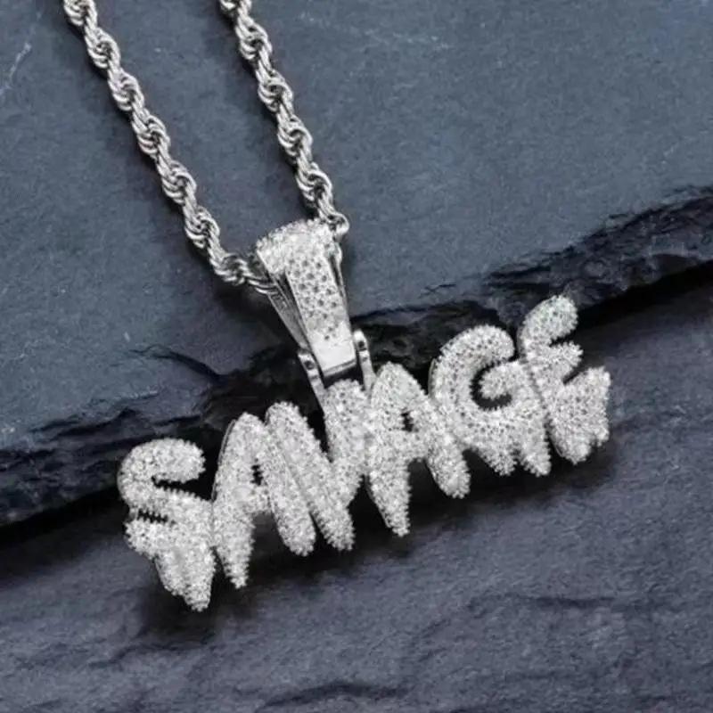Bling Iced Out Savage Pendant Cubic Zirconia Letter Necklace for Men Women Hip Hop Rock Rap Party Jewelry