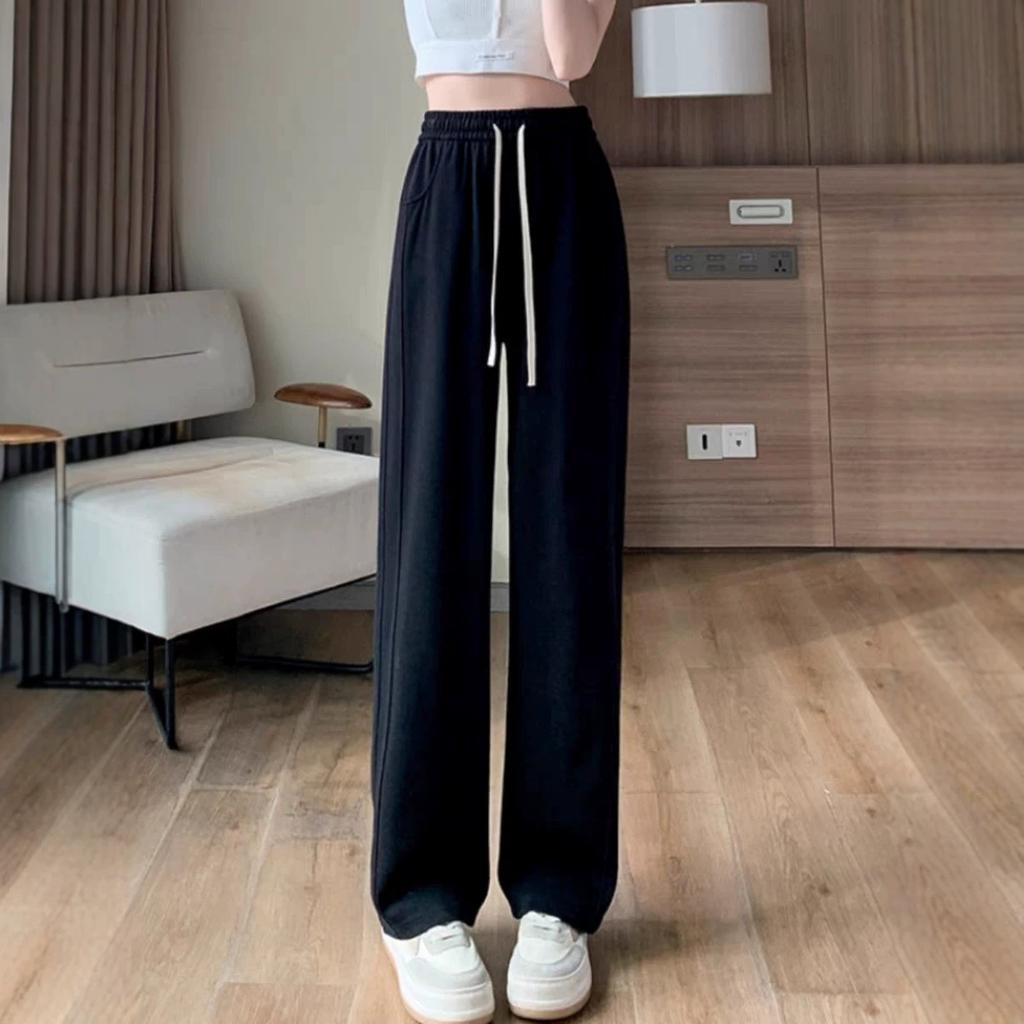 Women's High Waist Wide Leg Pants Loose Fit Straight Sweatpants Drawstring Pocket Spring American Casual Banana Trousers