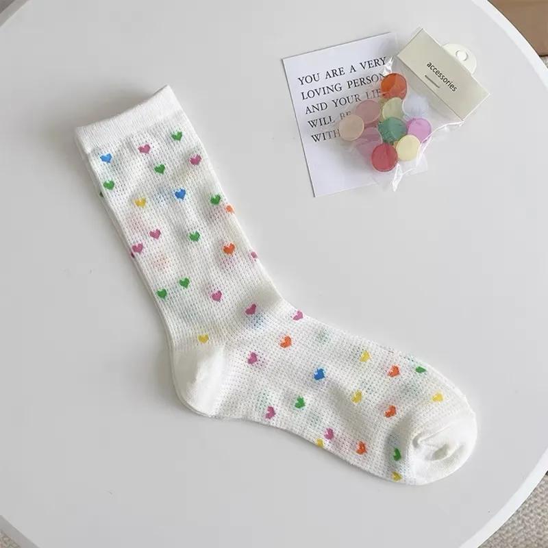 Women Sexy Ruffled Love Heart Pattern Thin Cotton Socks JK Uniform Lolita Sweet Breathable Ins Style Colorful Iridescent Socks One Size