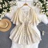 Vacation Style 2024 Summer New Arrival Niche Style Sexy Deep V-neck Lace Patchwork Waist-Slimming Sweet Flare Sleeve Dress