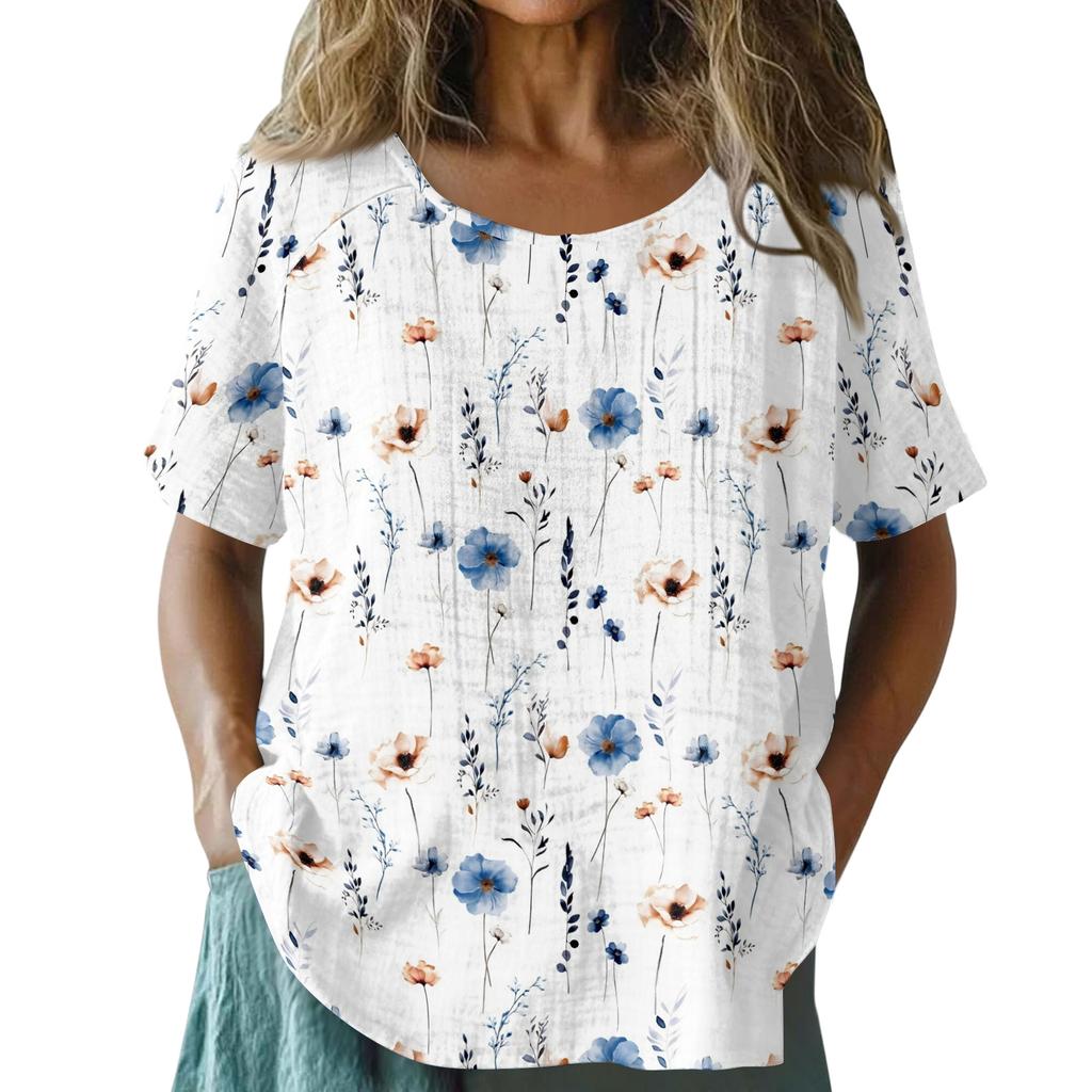 Damen Vintage Print Kurzarm Top - Rundhalsausschnitt, Baumwoll-Leinen-Stoff