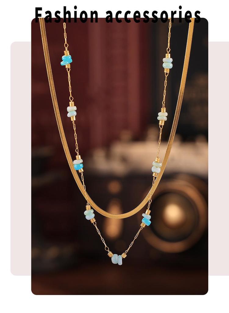 Qiong Yao Tianhe Stone Layered Clavicle Necklace: Light Luxury Double-Layer Stainless Steel Blade Chain for Women