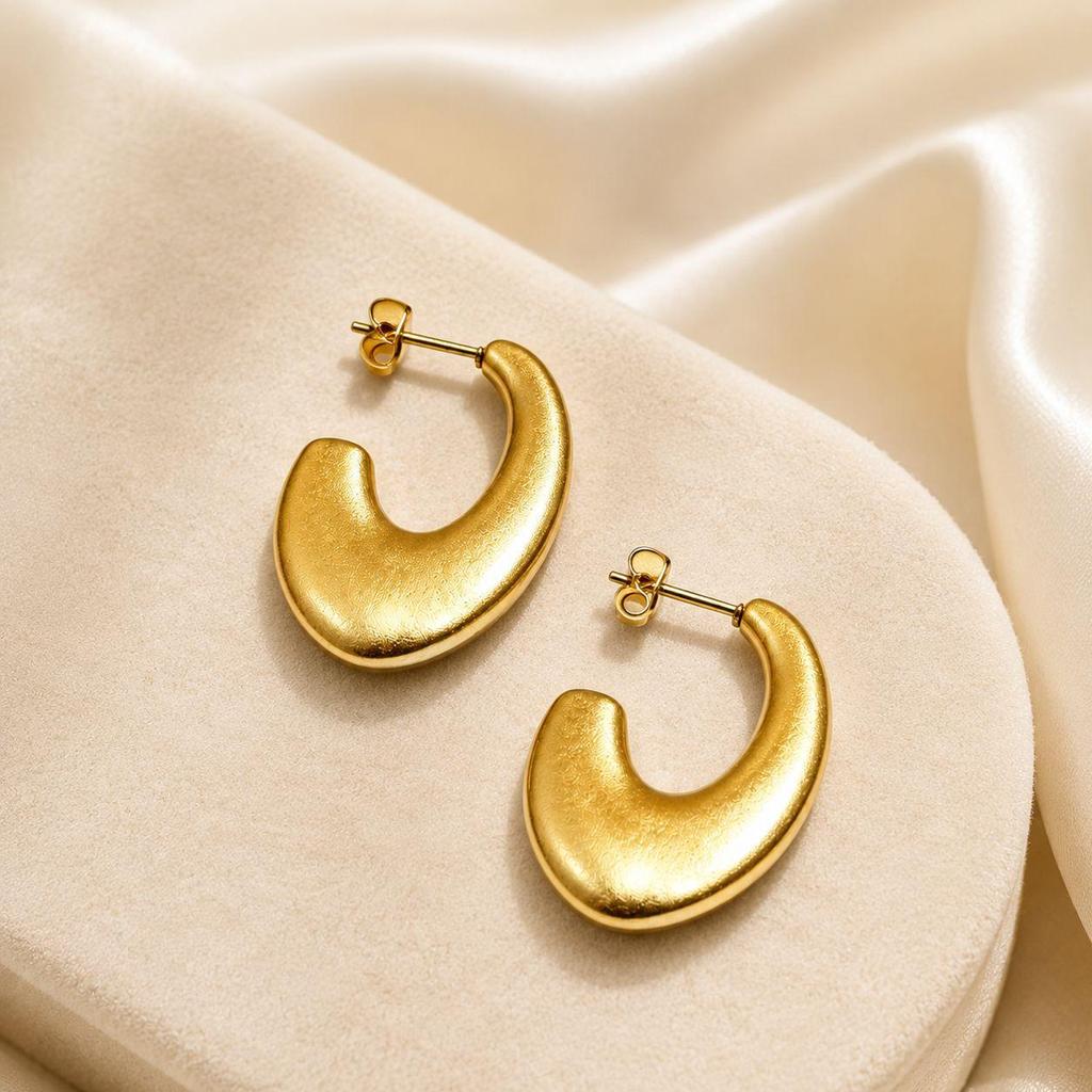 European High-End Frosted Gold Curved Hook Earrings - Sleek Stainless Steel Fashion Accessories