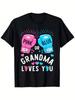 Fashion Pink Or Blue Grandma Loves You Boxing Gender Reveal Party T-Shirt Single Side Printed Black Short Sleeve T-Shirt Birthday Festivals Gift Famil