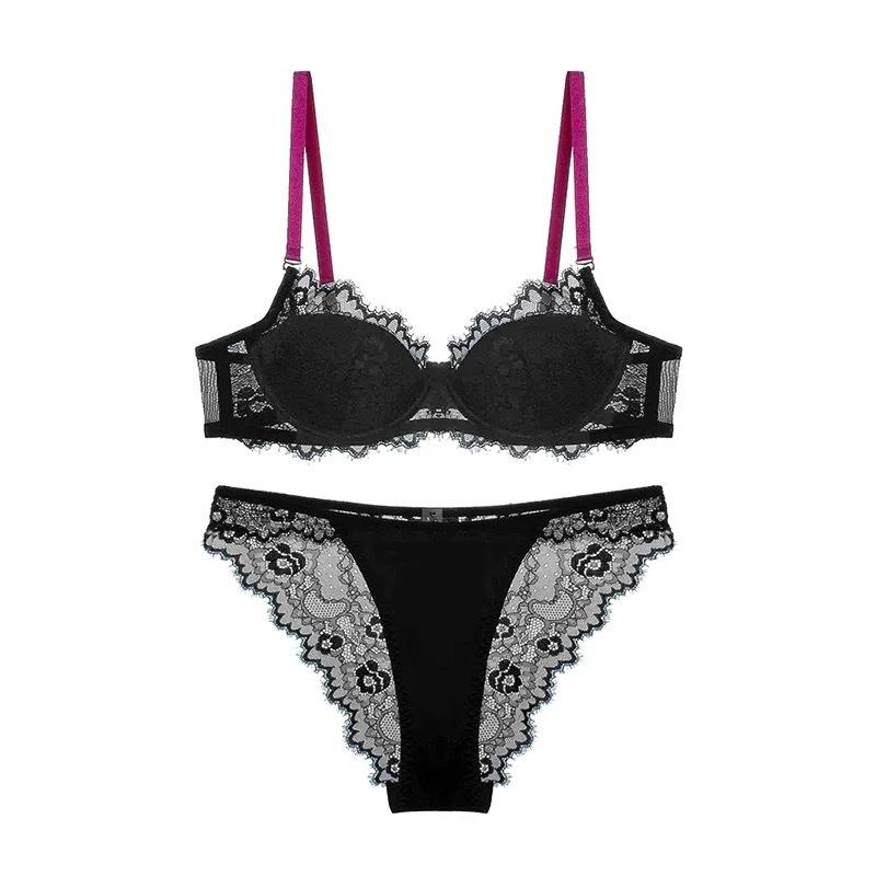 Sexy Lace Underwear French Dopamine Contrasting Color Large Size Underwear Small Chest Showing Large Gathering Bra Cover