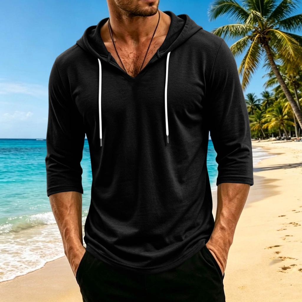 Men's Hooded Three-Quarter Sleeve Pullover, Relaxed Fit Casual Top for Everyday Wear - Lightweight Comfort