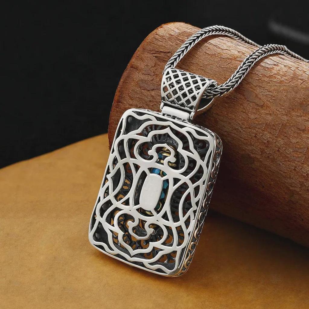 Men's Tibetan Turquoise Dzi Necklace with Taotie Pendant - Retro Style