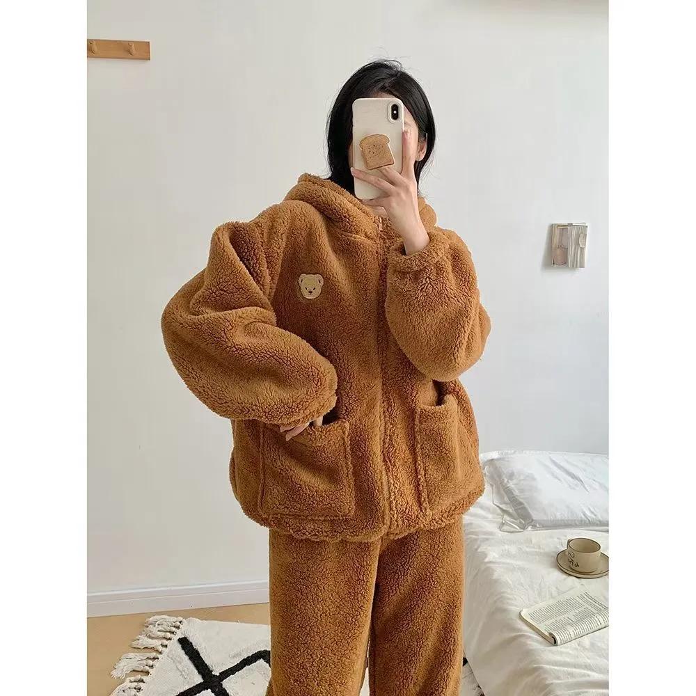 Winter Women's Suit Plus Velvet Thickened Hooded Beam Feet Casual Warmth High-value Pajamas Can Be Worn Outside At Home