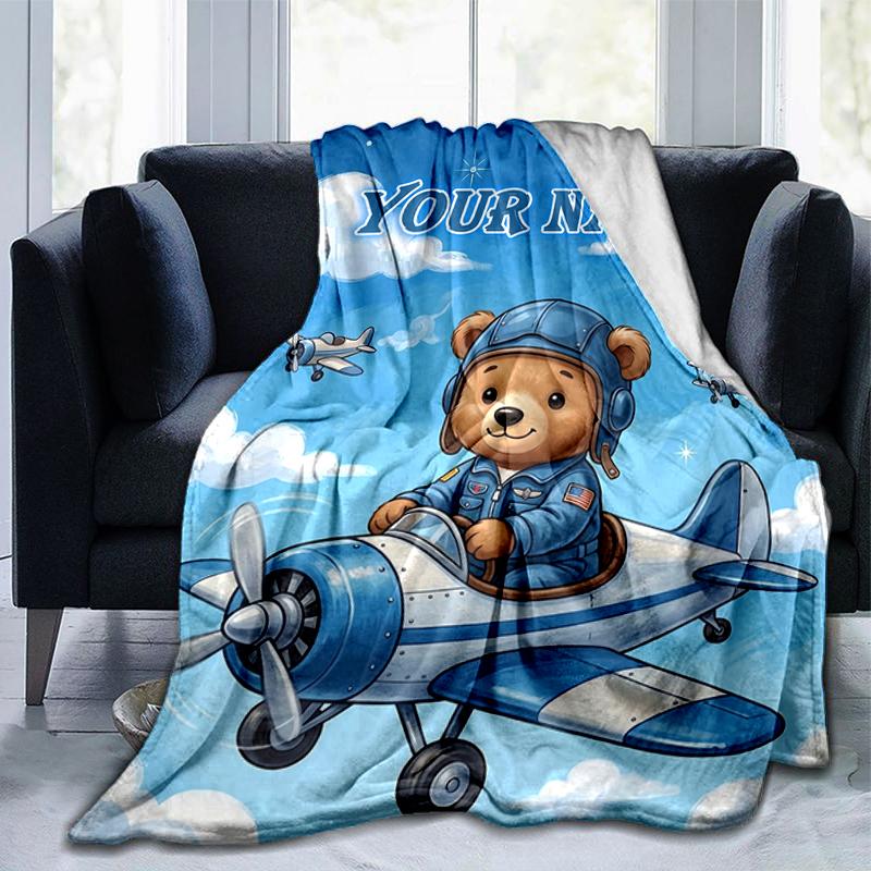 1PC Custom Name Bear pilot airplane. blanket versatile,all-season throw suitable for the living room,bedroom,camping,travel,and gift