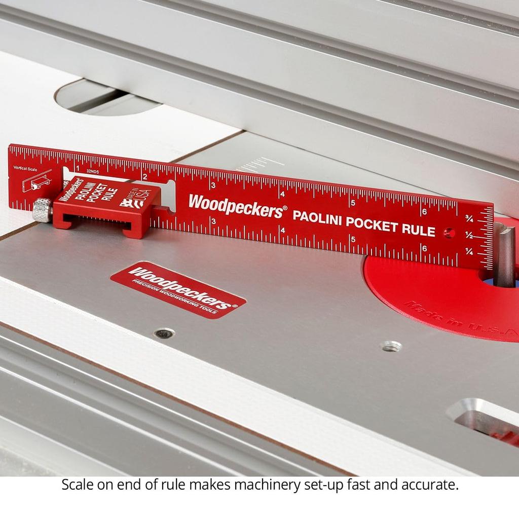 Woodpeckers Paolini Pocket Metric Woodworking Ruler with Slide Vertical End Scribing and Engraved Rule, Aluminum, 300mm, Stops, Scales, Notches,