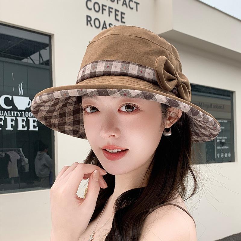 Spring/Summer - Protective Hat for Women, Korean-Style Fashionable Color-Block Plaid Bucket Hat, Outdoor Travel Wide-Brim