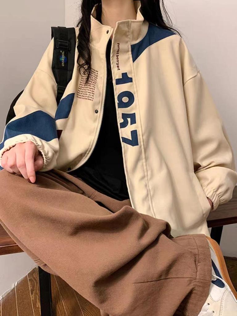 Women's Stand Collar Sports Jacket, Spring & Autumn 2023, Casual Outdoor Mountaineering, Trendy Loose American Baseball Style