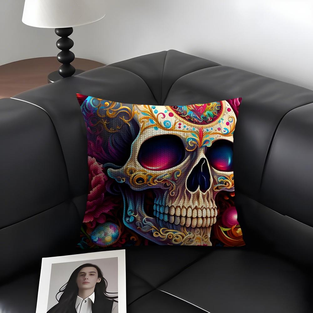 Colorful Skull Cool Cushion Cover Natural Linen Organic Fabric Double-Sided Printing Sofa Home Decor Gift Pillow Case