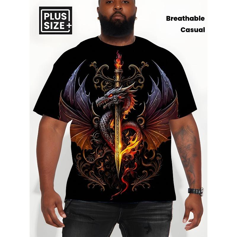 Men s Plus Size Dragon Print Breathable Casual T-Shirt S