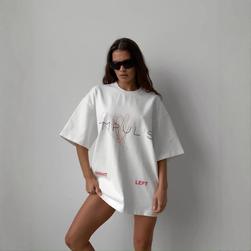 Women's American Letter Print Crew Neck Short Sleeve T-Shirt - Trendy, Loose, Casual, Versatile Top.