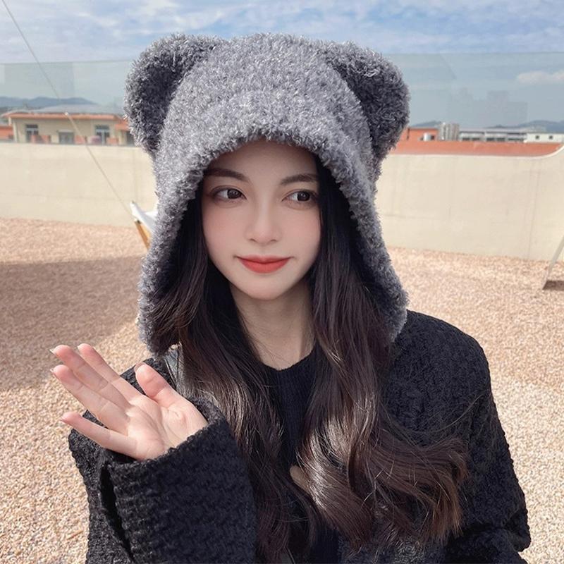 Cute Bear Ear Wool Hat Winter Beanies Warm LaceUp Ear Protection