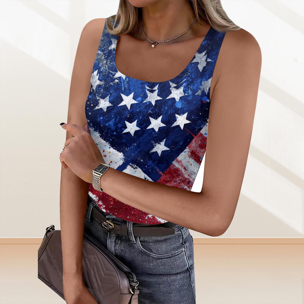 Women's Summer Fashionable Casual Independence Day Printed Round Neck Sleeveless Top Fitted Vest