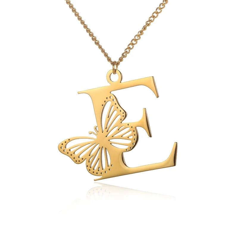 Dainty Big Butterfly Letters Necklaces For Women Girl Jewelry Stainless Steel Chain Initial Pendant Necklace Best Accessories