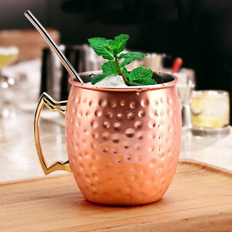 500ml Moscow Mule Mug Stainless Steel Cup Beer Mug Iced Coffee Cup Hammered Copper Plated Cup for Cocktail Drinks Bar Drinkware