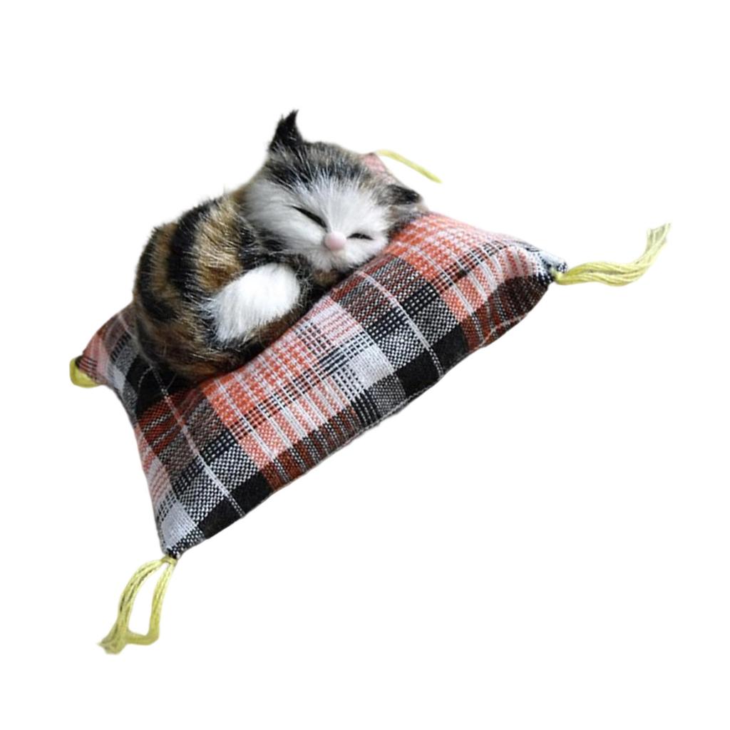Realistic Sleep Plush Cats Doll Furry Animal Statue with Soft Mat Bed Stuffed Pet Doll for Kids Adults Birthday Gift