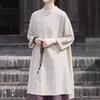 2025 Retro Chinese Style Mid-Length Cotton Linen Top with Pan Buckle and Tie Rope for Women
